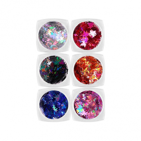 Nageldekoration - holografiska löv / blad 6 färger